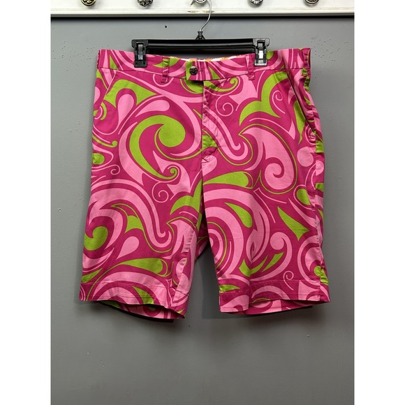 Loudmouth Golf Shorts Mens 38 Pink Green Swirl Print Cotton Lycra 11 Inseam - Picture 1 of 8